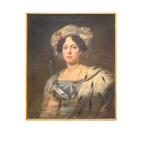 274A - Property of a LadyEnglish SchoolCircle of George Henry HarlowA portrait of a woman in a blue silk dr... 