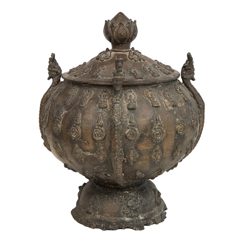 352A - Property of a LadyKhmer (?)AntiqueA bronze lidded vessel with Buddha Mucalinda motifs With four figu... 