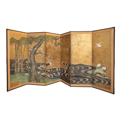 6 - Property of a LadyJapaneseEdo period (18th-19th Century)A six panel folding screenInk colour and gof... 