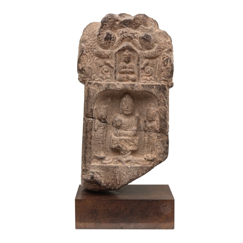 75 - Property of a deceased gentlemanChinese/TibetanMedievalA stone stele of a buddha flanked by two figu... 