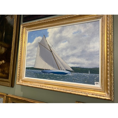 203 - Property of a GentlemanRon Charles Mitchell (b.1960)A study of yachts at sailOil on canvasSigned low... 