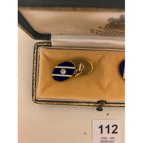 112 - Property of a LadyA pair of gold, blue enamel and diamond cufflinksIn a D&J Welby Ltd. presentat... 