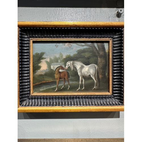 156 - Property of a GentlemanCircle of George Stubbs18th CenturyA pair of horse scenesOil on panelInscribe... 