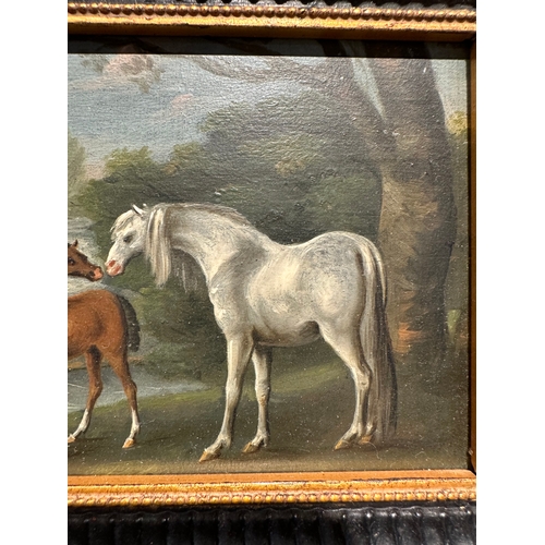 156 - Property of a GentlemanCircle of George Stubbs18th CenturyA pair of horse scenesOil on panelInscribe... 