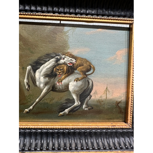 156 - Property of a GentlemanCircle of George Stubbs18th CenturyA pair of horse scenesOil on panelInscribe... 