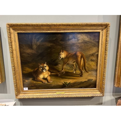 122 - Property of a GentlemanWilliam Huggins (1820 - 1884)Two pumas in a landscapeOil on panelSigned and d... 