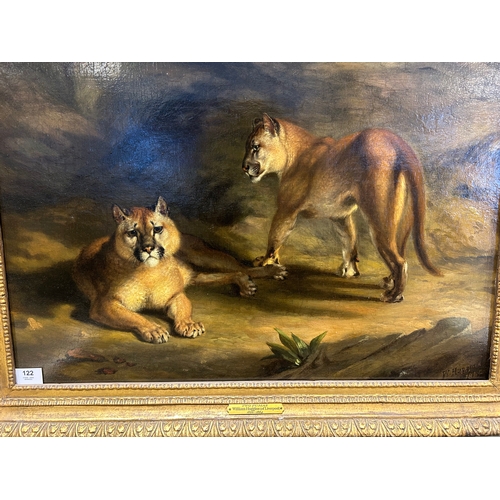 122 - Property of a GentlemanWilliam Huggins (1820 - 1884)Two pumas in a landscapeOil on panelSigned and d... 