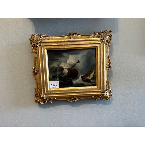 166 - Property of a GentlemanDutch School19th Century (?)A stormy naval sceneOil on artist boardTitled or ... 