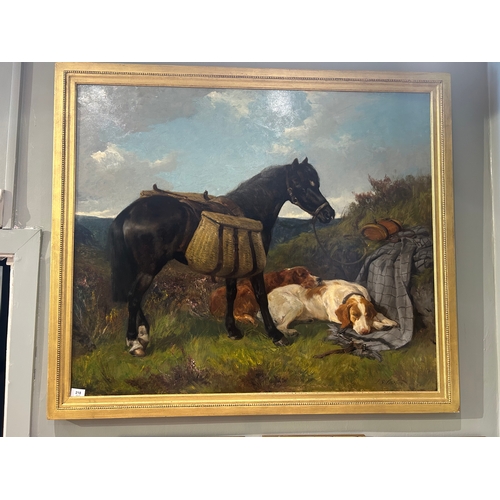 218 - Property of a GentlemanJohn Sargent Noble (Scottish, 1848 - 1896)A pack pony with two resting setter... 