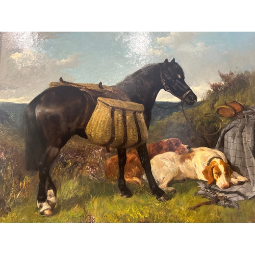 218 - Property of a GentlemanJohn Sargent Noble (Scottish, 1848 - 1896)A pack pony with two resting setter... 