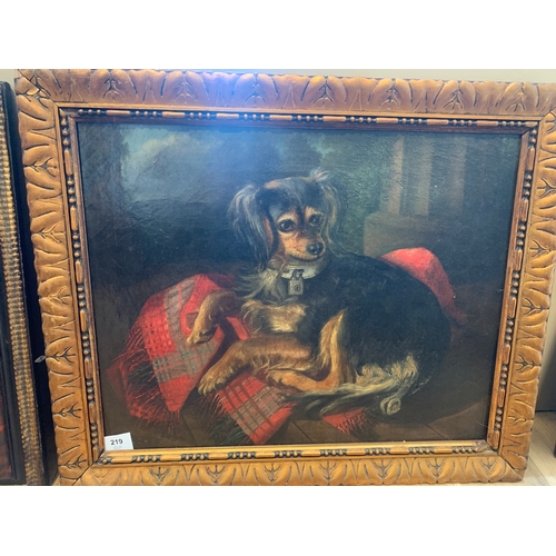 219 - Property of a GentlemanA collared dog resting on a tartan blanket Oil on canvasGallery label ve... 