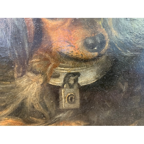 219 - Property of a GentlemanA collared dog resting on a tartan blanket Oil on canvasGallery label ve... 