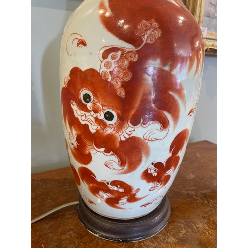 460 - Property of a gentlemanFoo dog lamp standBurnt orange decoration on white backgroundWith Chinese cha... 