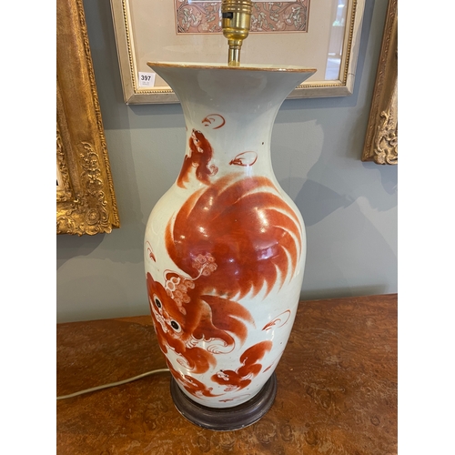 460 - Property of a gentlemanFoo dog lamp standBurnt orange decoration on white backgroundWith Chinese cha... 