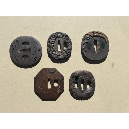 482 - Property of a Lady19th CenturyA collection of 5 Japanese iron and mixed metal Tsuba (sword fittings)... 