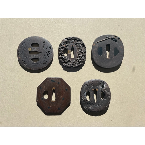 482 - Property of a Lady19th CenturyA collection of 5 Japanese iron and mixed metal Tsuba (sword fittings)... 