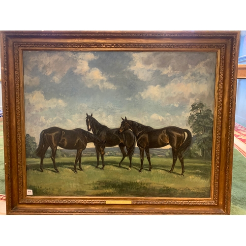 212 - Property of a GentlemanLionel Hamilton Renwick (1917 - 2003)Three dark bay thoroughbreds in a landsc... 