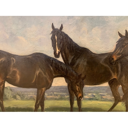 212 - Property of a GentlemanLionel Hamilton Renwick (1917 - 2003)Three dark bay thoroughbreds in a landsc... 