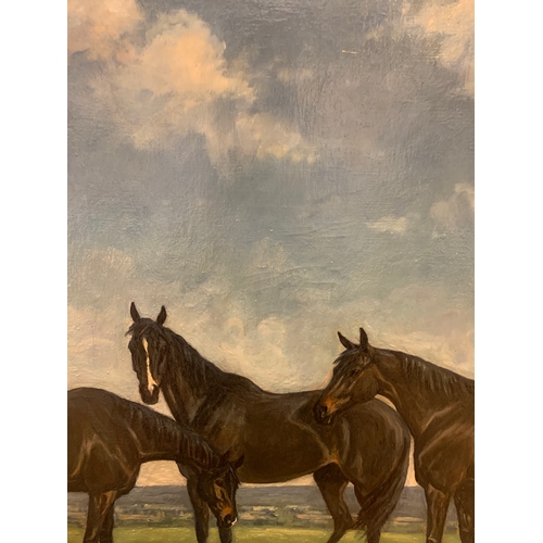 212 - Property of a GentlemanLionel Hamilton Renwick (1917 - 2003)Three dark bay thoroughbreds in a landsc... 