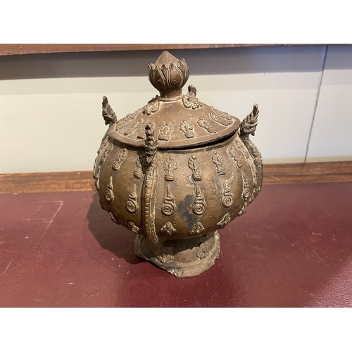 352A - Property of a LadyKhmer (?)AntiqueA bronze lidded vessel with Buddha Mucalinda motifs With four figu... 