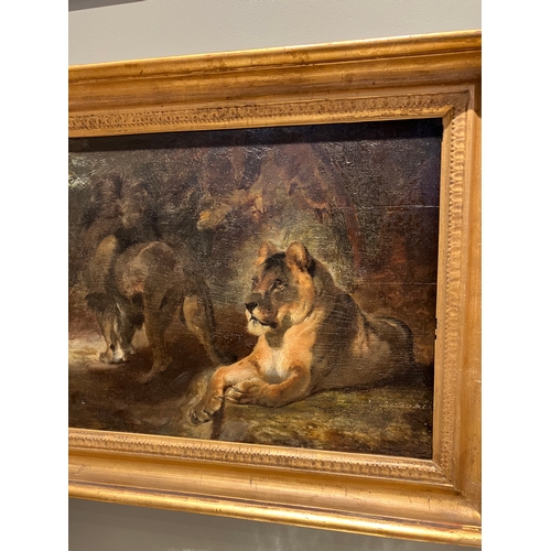 121 - Property of a GentlemanWilliam Huggins (1820 - 1884)A lion and a lioness in a landscapeOil on panel ... 