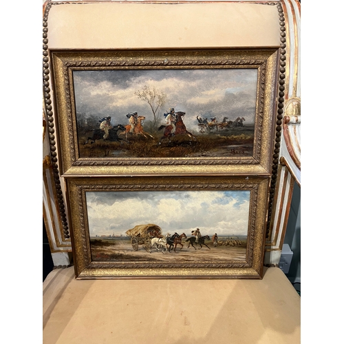 177 - Property of a GentlemanRudolf Stone19th CenturyA pair of scenes of travellers in a landscapeOil on b... 