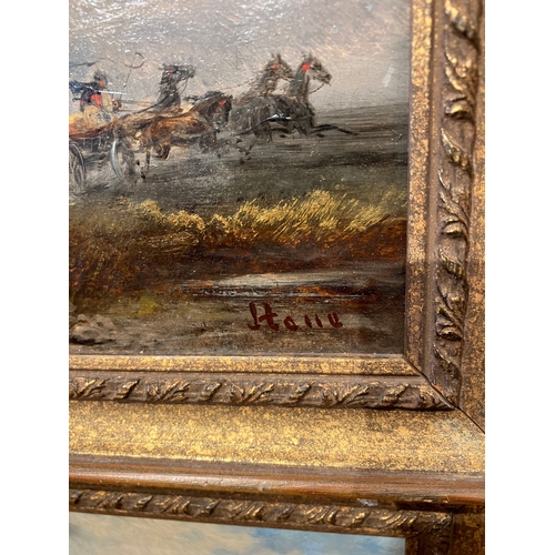 177 - Property of a GentlemanRudolf Stone19th CenturyA pair of scenes of travellers in a landscapeOil on b... 