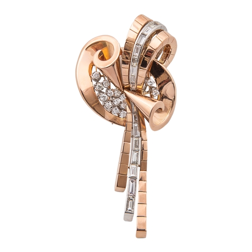 65 - Circa 1940A rose colour gold and diamond clip broochThe highly scrolled loop brooch set with calibré... 