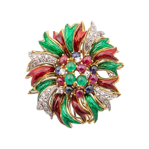 67 - Circa 1970A pair of diamond and gem set enamel flower clip earringsThe central stamens set with cabo... 