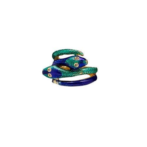 72 - Circa 1970A gold and guilloche double serpent ringSlight enamel lossesWeight:Approximately 7 grams... 