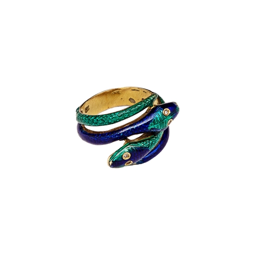 72 - Circa 1970A gold and guilloche double serpent ringSlight enamel lossesWeight:Approximately 7 grams... 