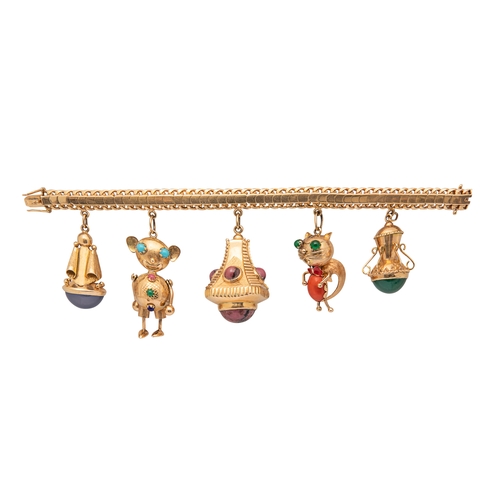 75 - An attractive 1950s gold charm bracelet with five large gem set charms To a flexible scaled curb lin... 