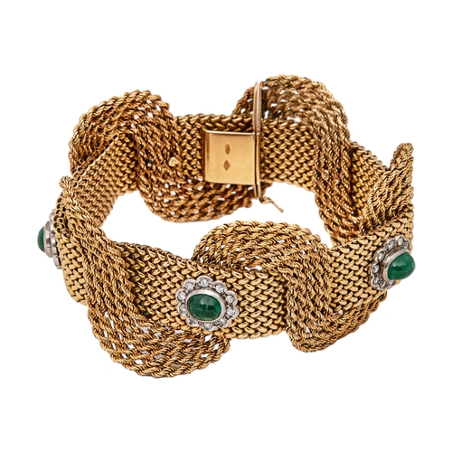 94 - Circa 1950An attractive 18 carat gold interwoven mesh emerald and diamond set braceletThe interwoven... 