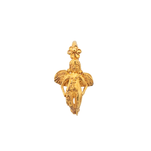 114 - A pair of ancient Etruscan yellow gold child's earringsDesigned as winged Hermes figures with beadwo... 