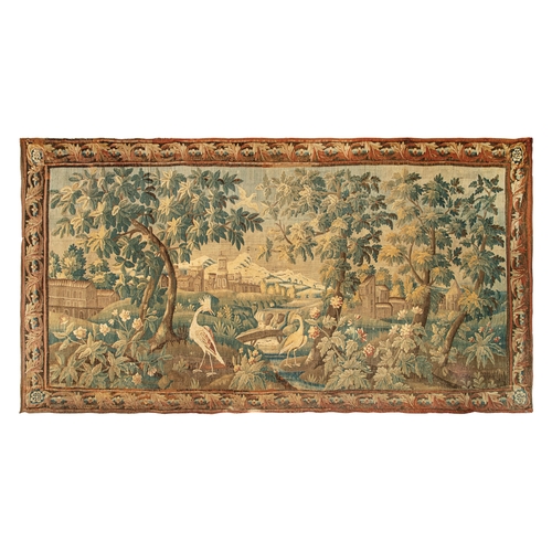 326 - 18th CenturyA very large Aubusson verdure tapestryDepicting crane birds amidst abundant foliage in a... 