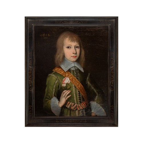 337 - British 17th century school1634, dated lower leftPortrait of a boy, half-length, in a green emb... 