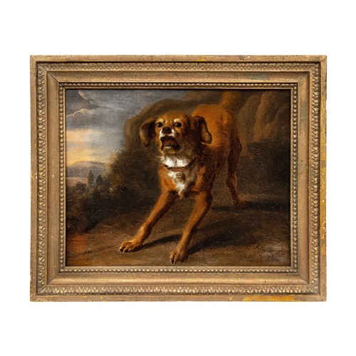 340 - Adriaen van de Velde (1636 - 1672)A barking dog in a landscapeOil on paper laid on boardSigned and d... 