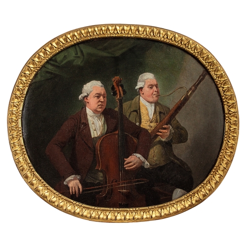 341 - Henry Walton (1746 - 1813)A cellist and a bassoonist playing before a green curtainOil on canvasDime... 