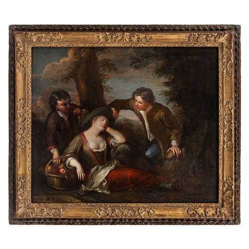 351 - Phillipe Mercier (1689 - 1760)Young lady being pickpocketedOil on canvasOld Christie's stencil ... 