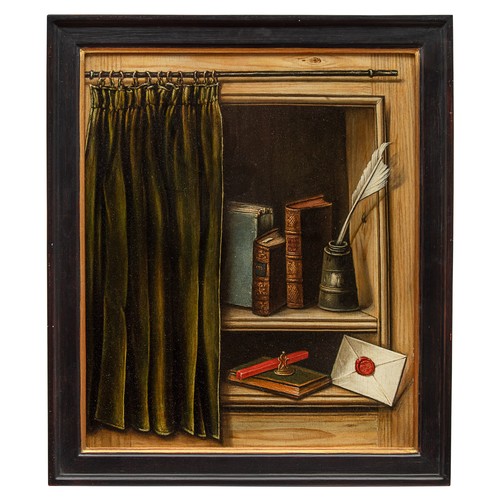 360 - French School18th CenturyA trompe l'oeil still life of with books, a curtain, and a wax sealOil on p... 