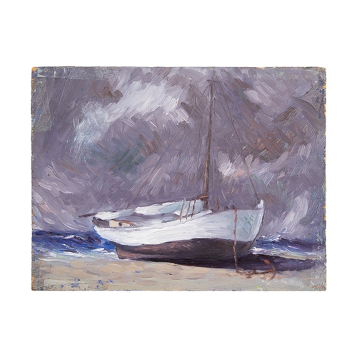 391 - Emmanuel Zairis (1876-1948)A double-sided painting on panel'A fishing boat at shore' (front)'Harvest... 