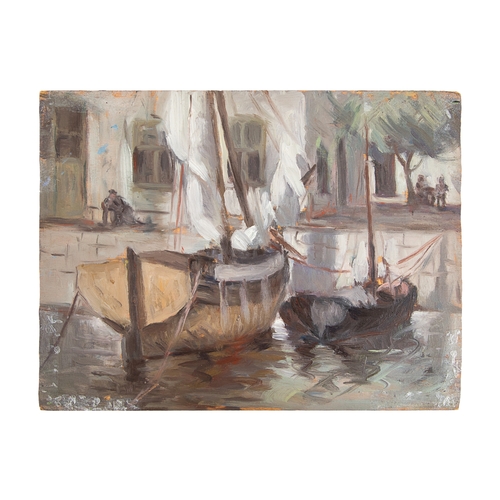 393 - Emmanuel Zairis (1876-1948)A double-sided painting on panel'Boats' (front)'Haymaking' (back)Having s... 