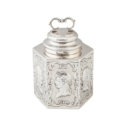 427 - Property of a NoblemanDutchEarly 20th CenturyA silver tea cannisterDecorated with relief portraits o... 