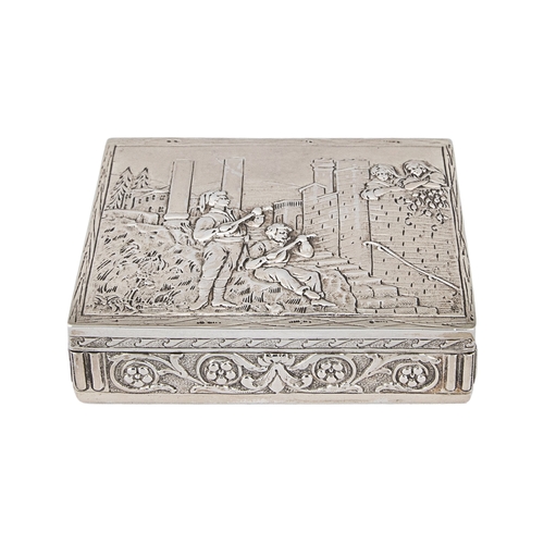 433 - Property of a NoblemanDutchCirca 1900A silver decorative cigarette boxWith a medieval courtly scene ... 