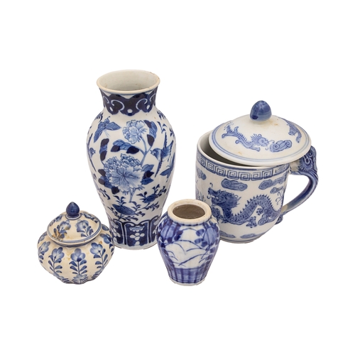 455 - Chinese18th-20th CenturyFour blue and white porcelain vessels[1] Dragon handled, lidded pot decorate... 