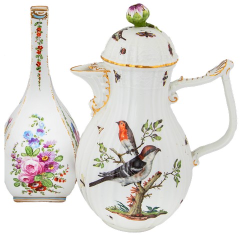 525 - [a] A Meissen coffee pot with elegant repairs[b] A Derby china inspired gourd-like vaseProperty of a... 