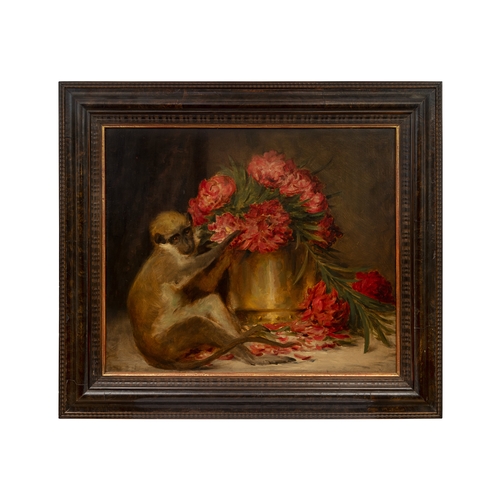 530 - Impressionist, c. 1890Still life with monkey and flowersOil on canvasDimensions:(Frame) 30 in. (H) x... 