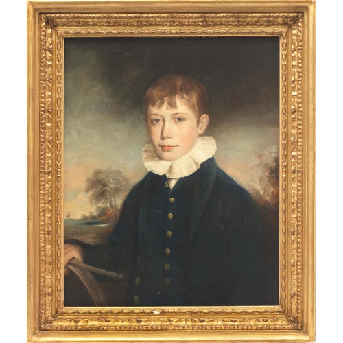 531 - English School, Early 19th CenturyA portrait of a boy, half-length, with a hoop before a landscapeOi... 