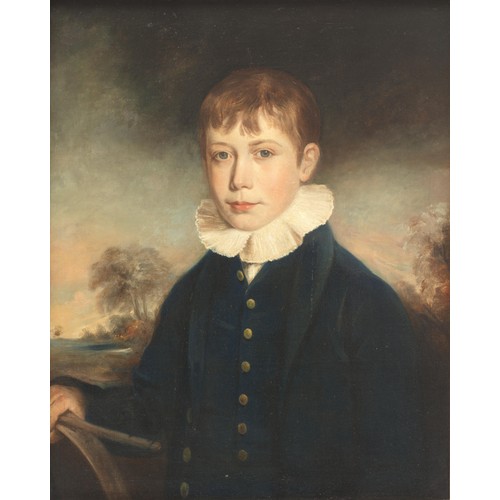 531 - English School, Early 19th CenturyA portrait of a boy, half-length, with a hoop before a landscapeOi... 