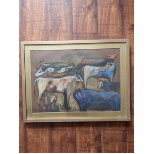 557 - Alaa Awad-Zamalek, EgyptianCattle Scene, 2021Pastel on paperDimensions:(Frame) 24.5 in. (H) x 32.5 i... 